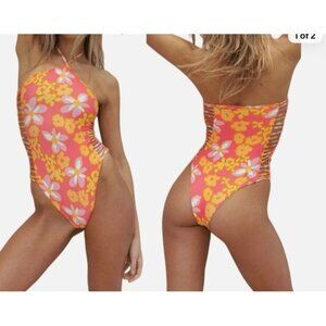 Stone Fox Swim sz S Swimsuit Fella One Piece Halter Tropical Cutout Boho Retro